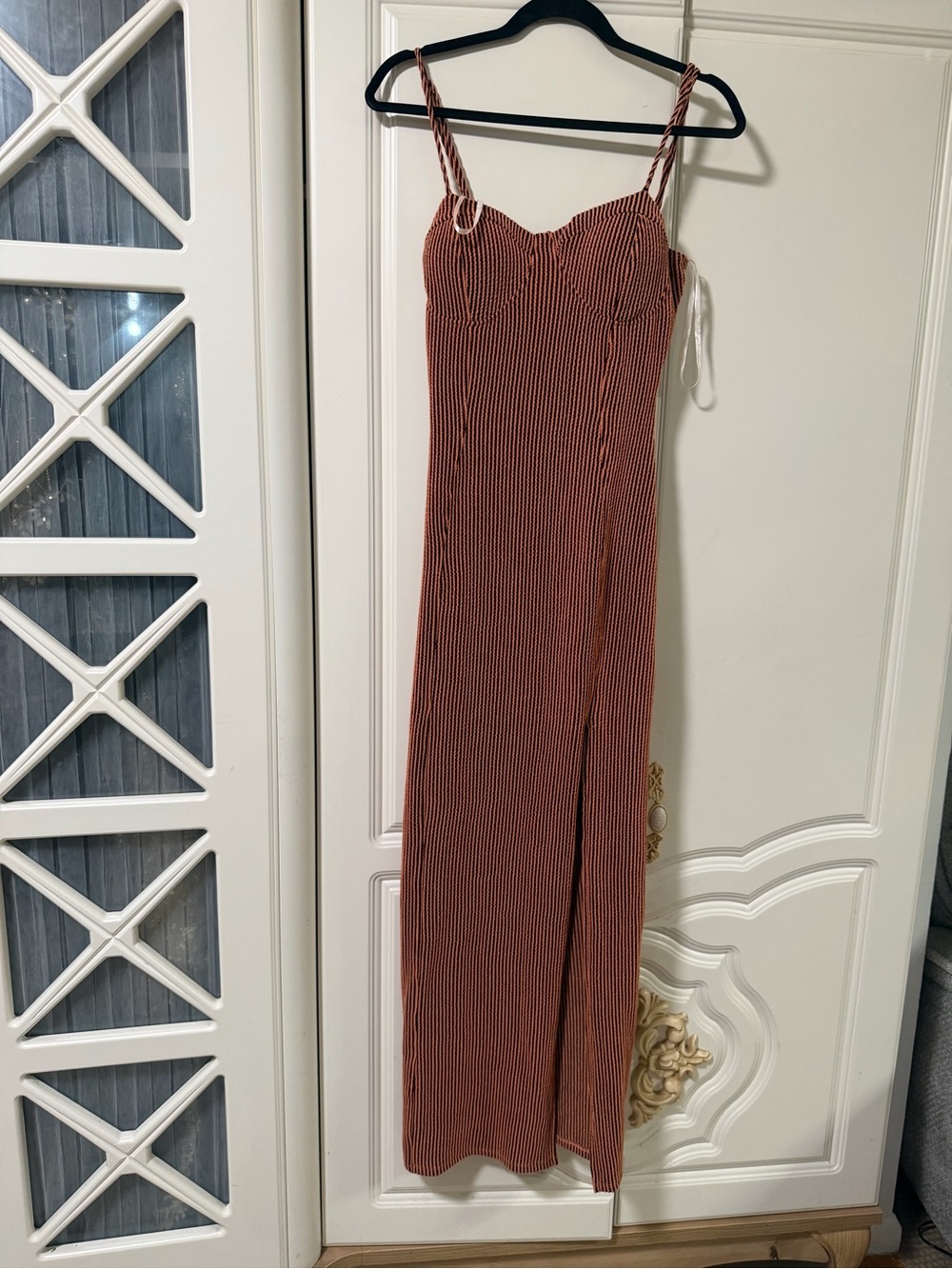 Sleeveless Rust-Striped Maxi Dress with Side Slit